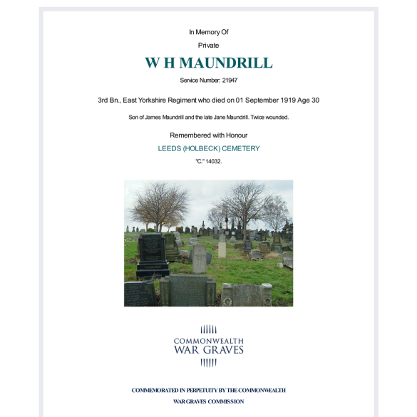 Private W H Maundrill - CWGC Certificate